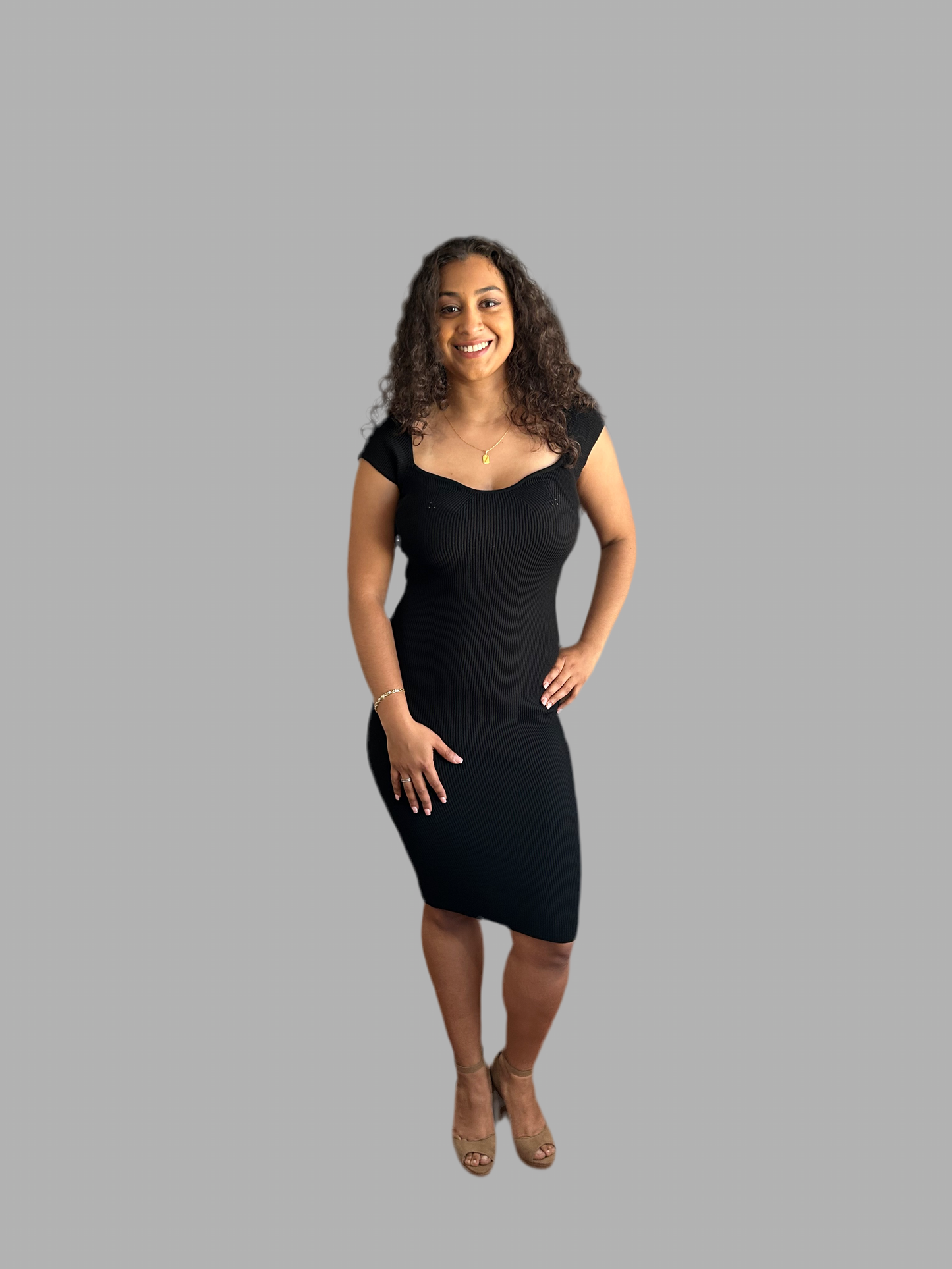 Ribbed Knit Sweetheart Neck Bodycon Midi Dress