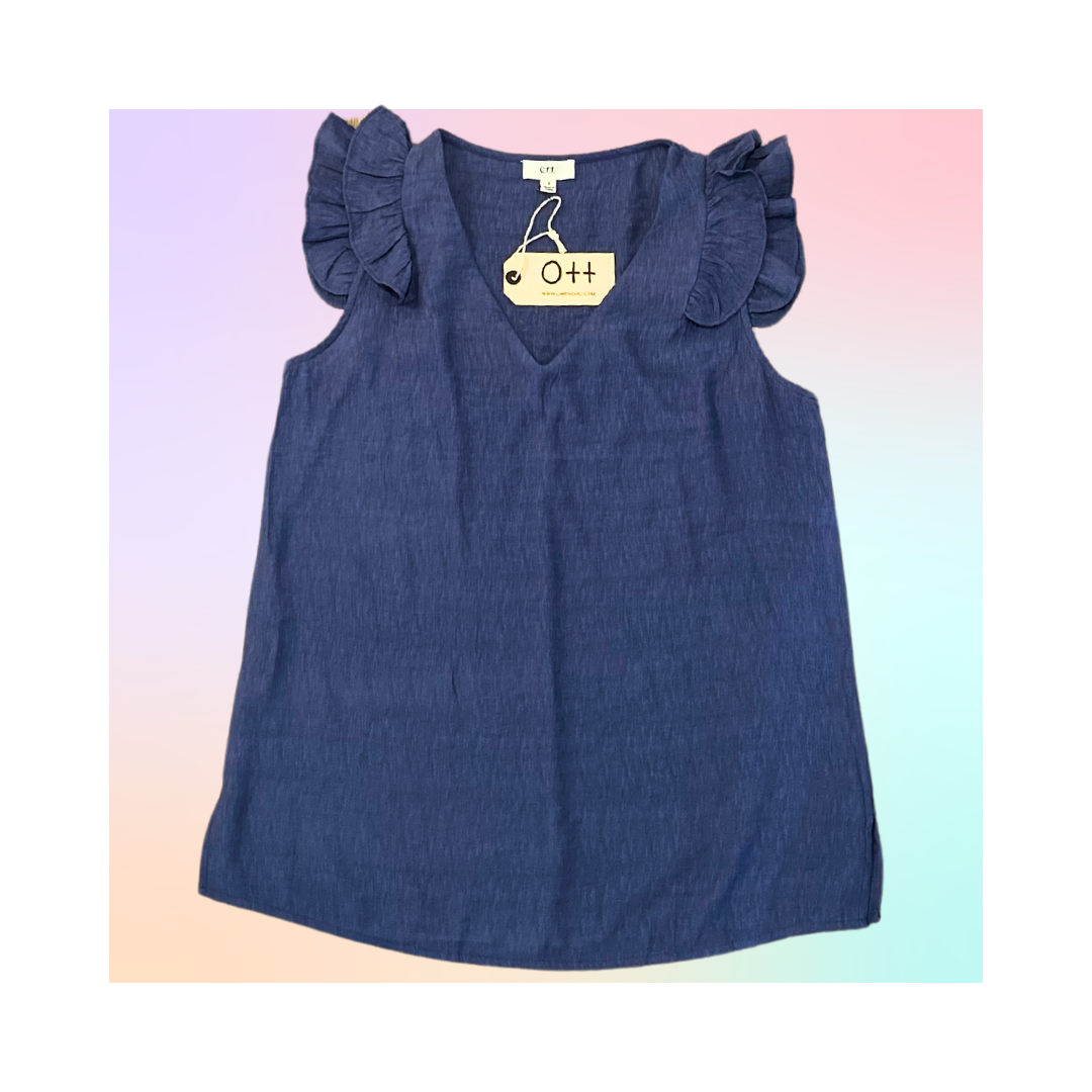 Ruffle Sleeve V Neck Denim Top