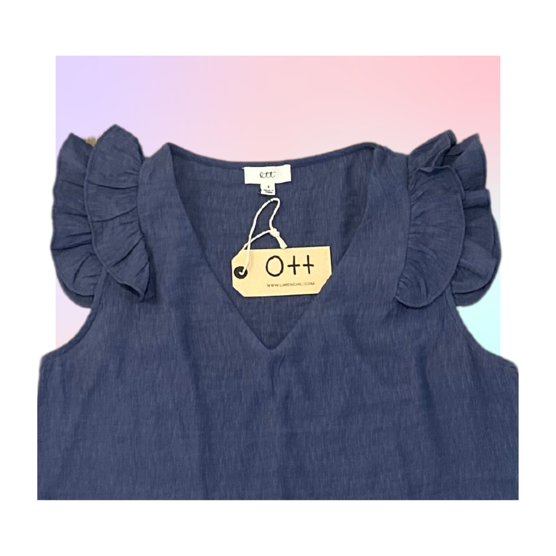 Ruffle Sleeve V Neck Denim Top