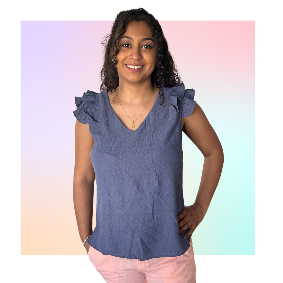 Ruffle Sleeve V Neck Denim Top